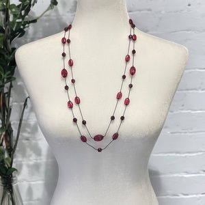 Vintage Red & Black Beaded Double Strand Necklace With Black Ball Chain